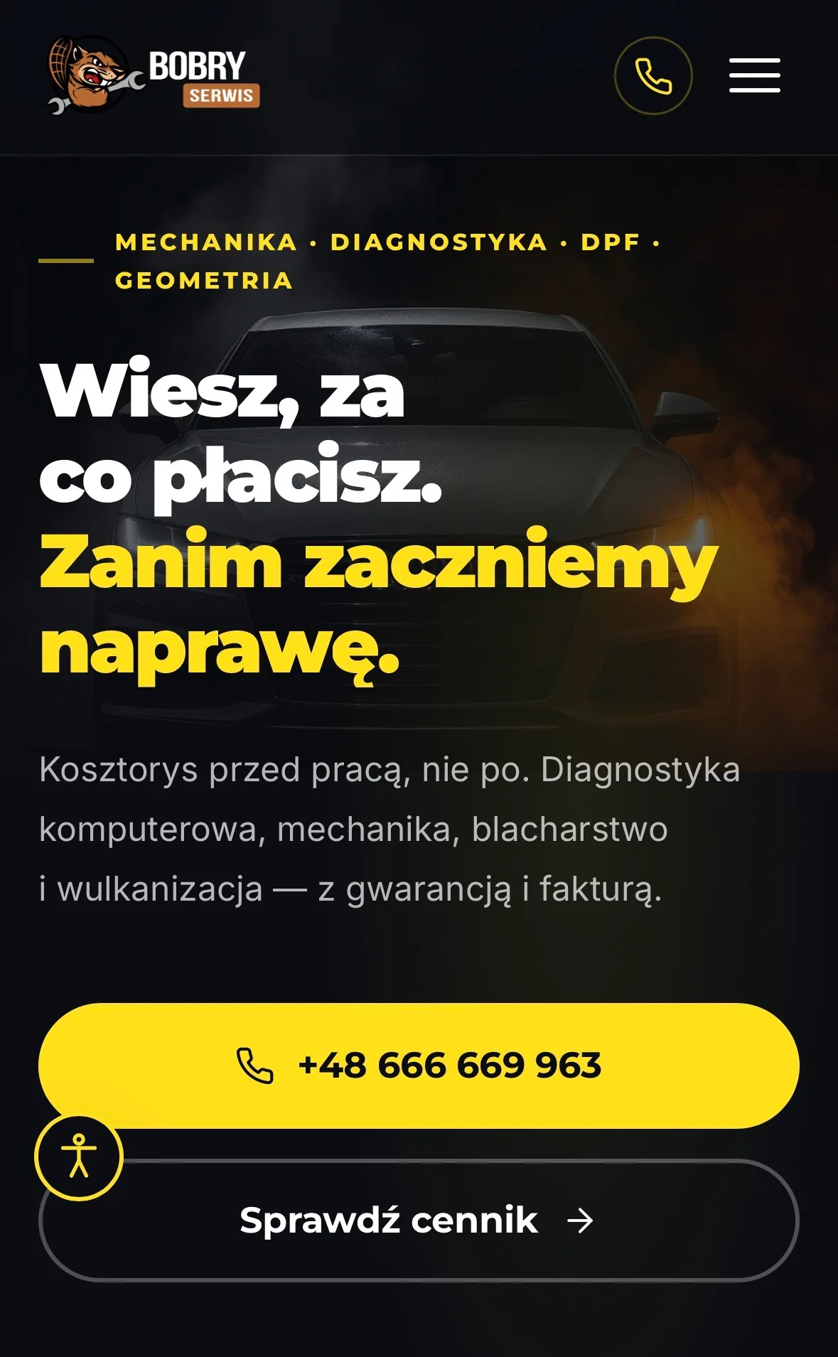 Strona Bobry Serwis na ekranie telefonu — sekcja powitalna warsztatu w układzie jednokolumnowym z przyciskiem kontaktu.