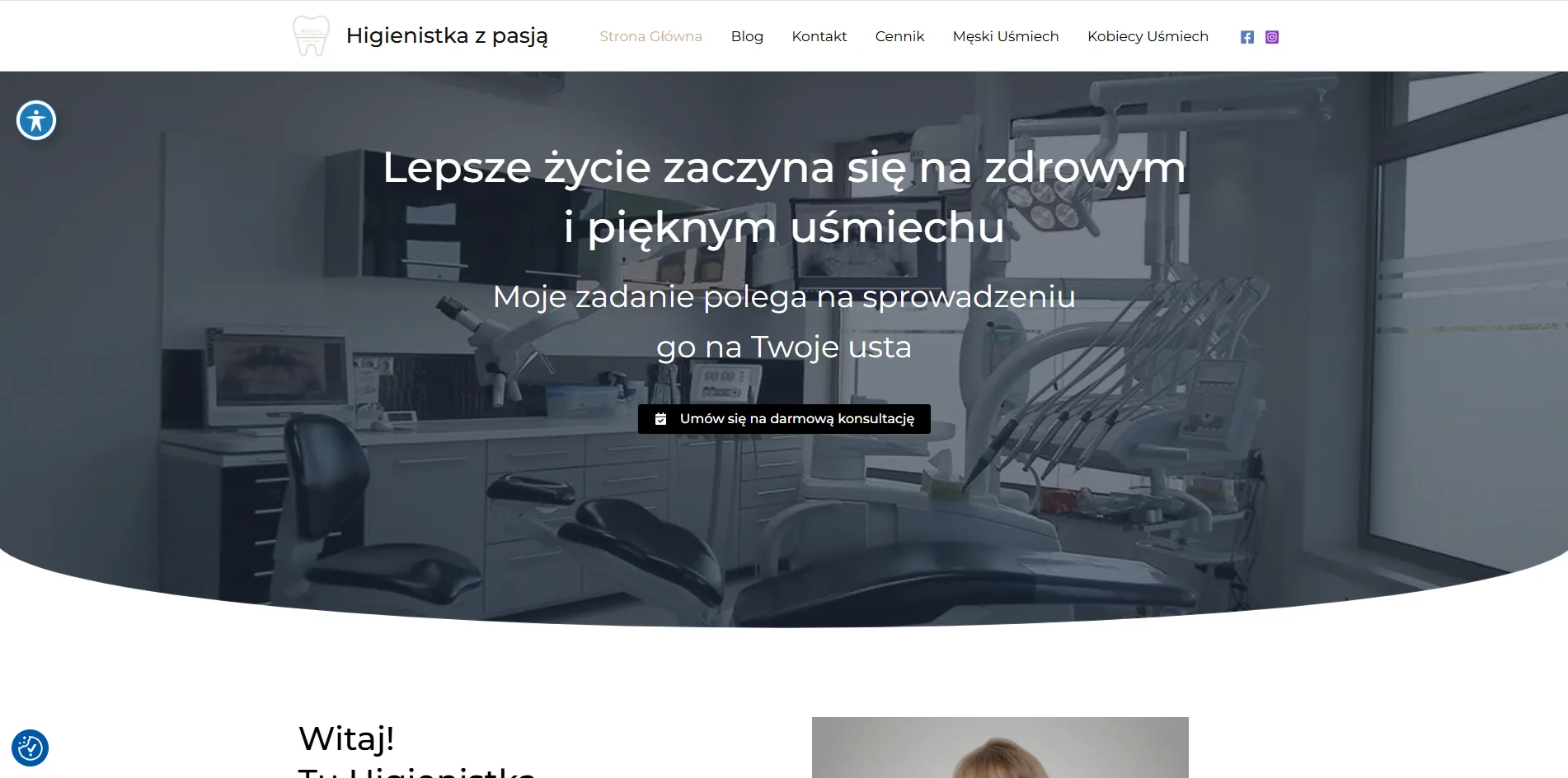 Strona główna Higienistka z Pasją na ekranie komputera — sekcja powitalna gabinetu higieny stomatologicznej ze zdjęciem i zaproszeniem na wizytę.