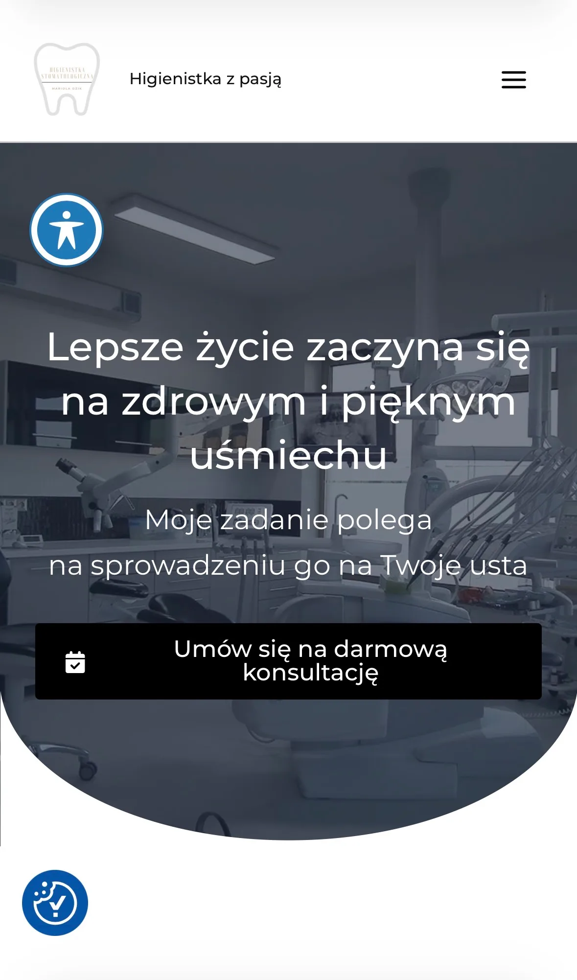 Strona Higienistka z Pasją na ekranie telefonu — sekcja powitalna gabinetu w układzie jednokolumnowym.
