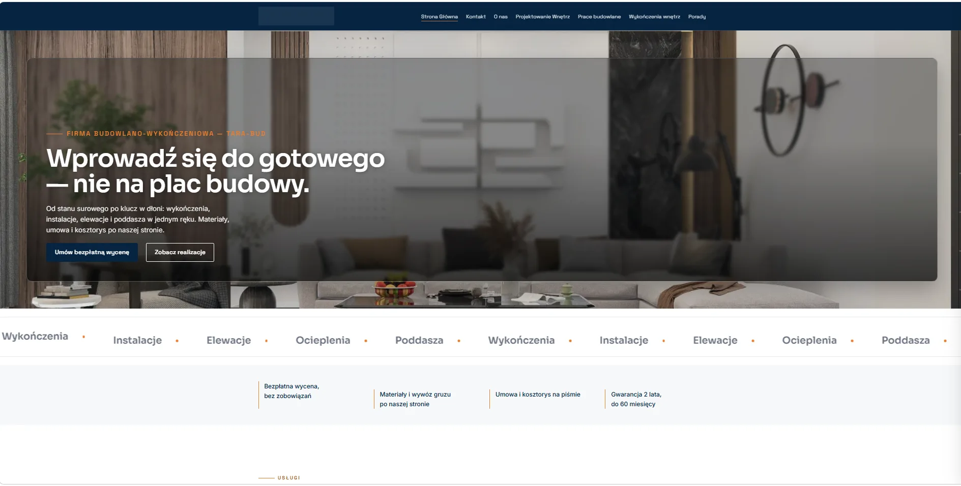 Strona główna TARA-BUD na ekranie komputera: hasło „Wprowadź się do gotowego — nie na plac budowy” na tle zdjęcia wykończonego wnętrza, poniżej pasek z usługami: wykończenia, instalacje, elewacje, ocieplenia, poddasza.