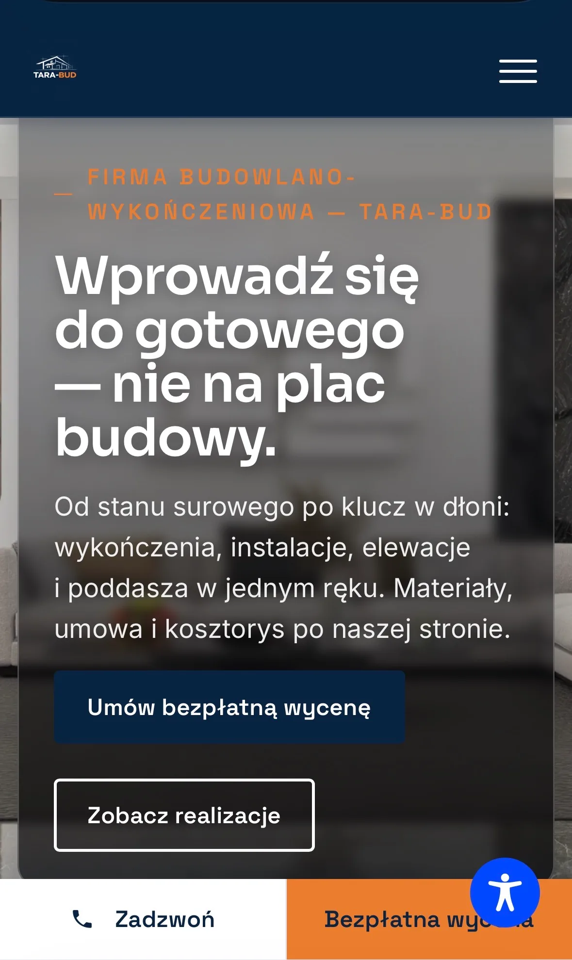 Strona TARA-BUD na ekranie telefonu — ta sama sekcja powitalna z hasłem i przyciskiem bezpłatnej wyceny, układ przestawiony na jedną kolumnę.